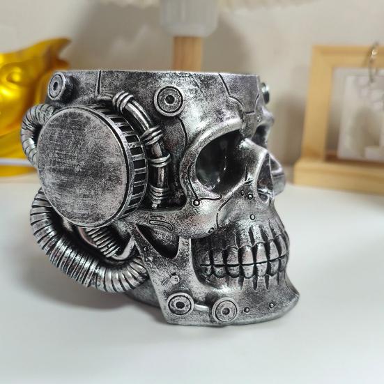 Resin Skull Planter Steampunk Machinism Human Skull Plant Pot Gothic Flower Vase with Drainage Hole for Home Office Decor