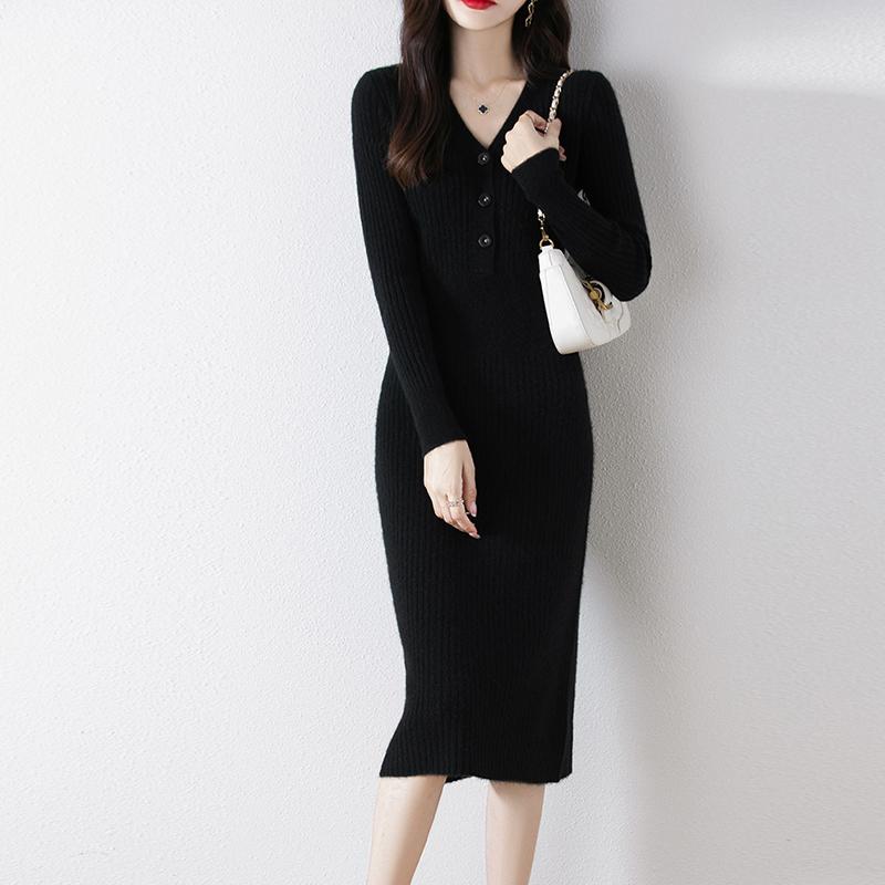 Dame Genser Kjole 100 % Ull MODERN NEW SAGA V-hals Strikk Lang Pullover Vintergensere Ull Lang Kjole Dame