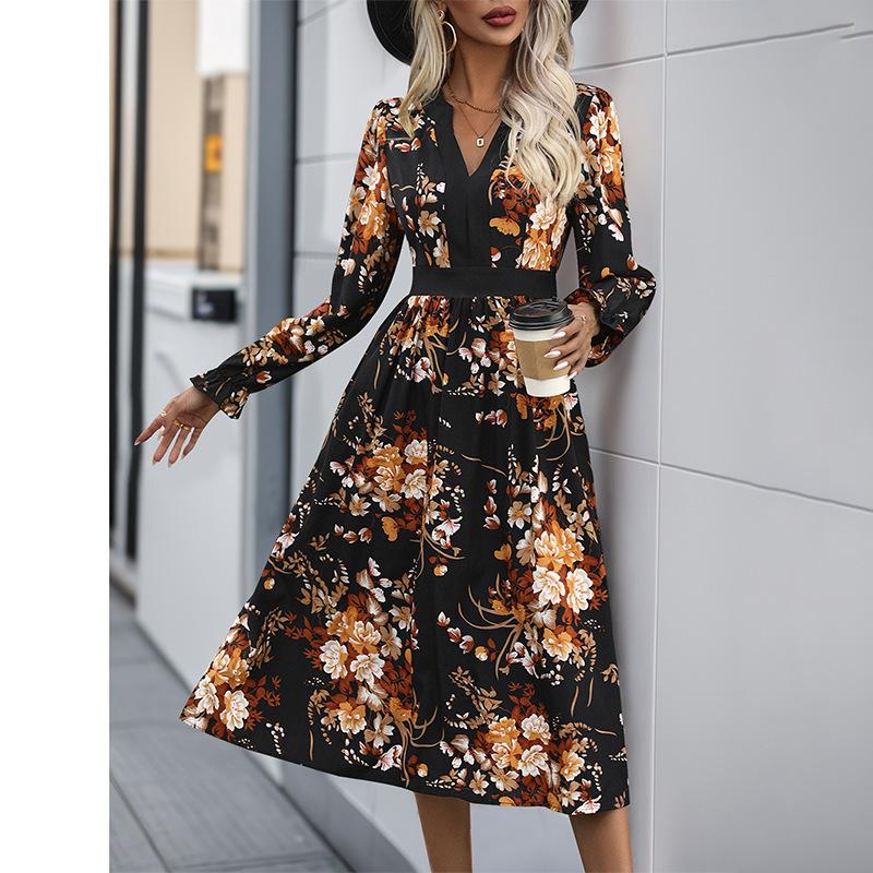 Fashion Floral Print Long Sleeve Midi Dress Women