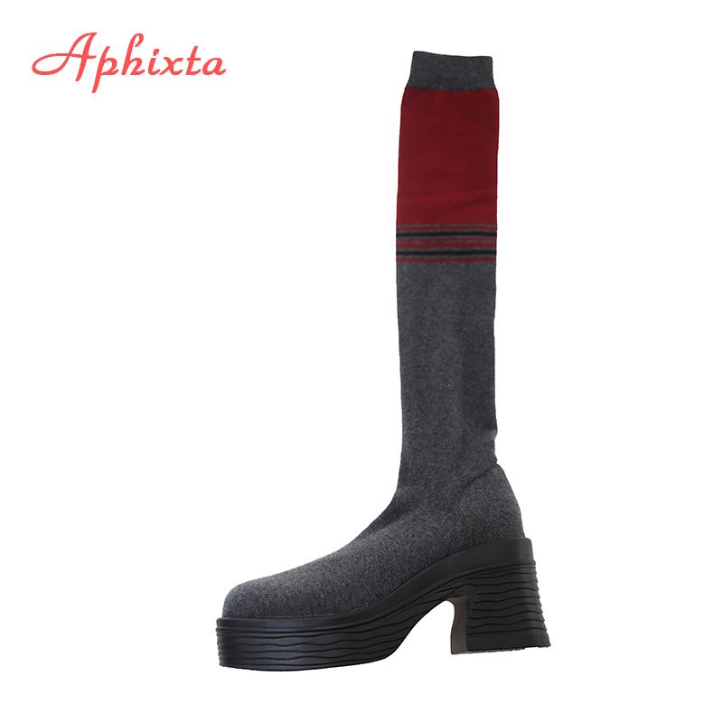 Aphixta Weiches Stoff Damen Kniehohe Stiefel 8cm Quadratischer Absatz Damen Schwarze Schuhe Runde Zehenpartie Moderne Stiefel für Damen Größe 42
