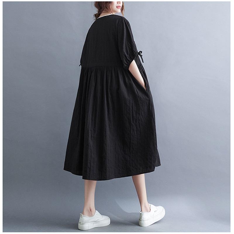 Long Dress Women Linen Large Size Loose Summer Solid Color Short-sleeved Dress Knee-length Thin Large Swing Dress