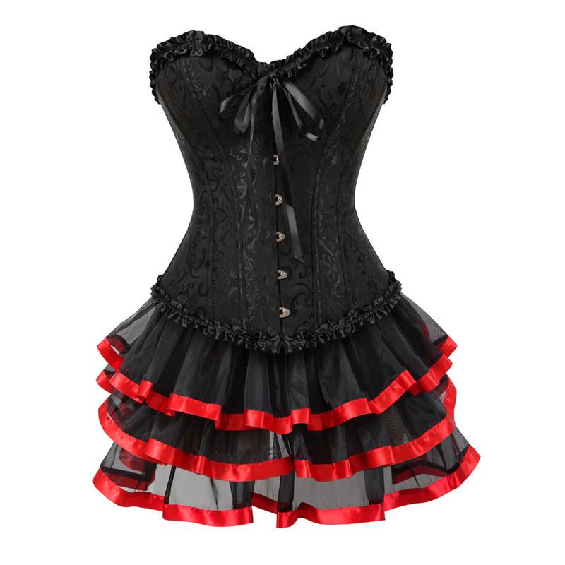 Caudatus Corset Plus Size Dress Skirts Set Tutu For Women Party Bustiers Costume Sexy Lace Up Vintage Corselet Clothing Black