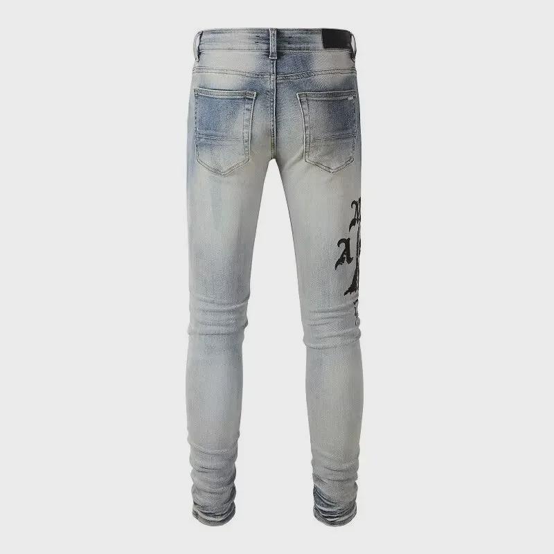 Jeansi Barbati Punk Retro Albastru Rupti Slim Stretch Skinny