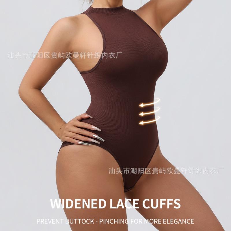 Round-neck, sleeveless, outerwear-friendly, button-down, form-fitting bodysuit with a tummy-tucking design and a thong-style shapewear