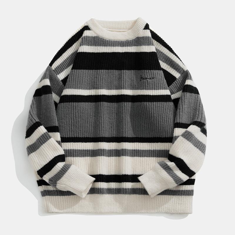 Autumn Winter Plus Size Striped Sweater Men's Sweaters Stripe Embroidery Knitting Pullover Korean Streetwear Men's Clothing Sweater Male