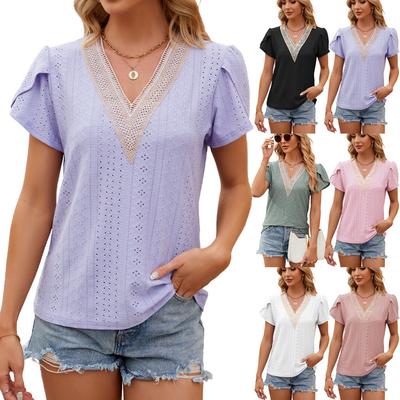 Spring Summer Women's Lace Patchwork V-neck Loose Short Sleeve T-shirt
