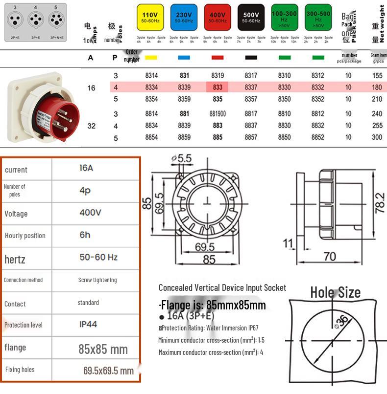 Weipu TYP Series 173 4-Pin 16A IP67 Waterproof Industrial Plug Socket - Surface/Flush Mount Connector