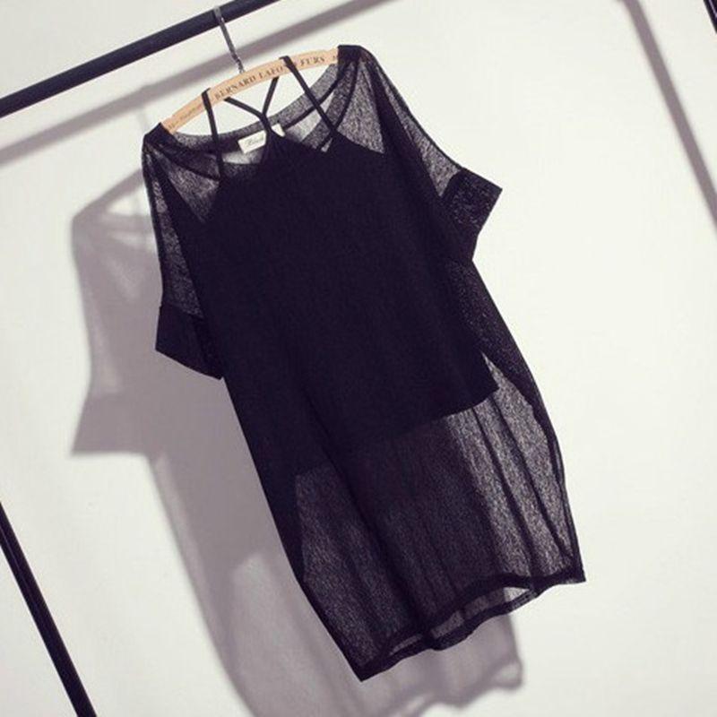 

Блузка из вуали с коротким рукавом и круглым вырезом, свободного кроя, на бретелях, из двух частей Black Two-piece set 3XL(145-160)