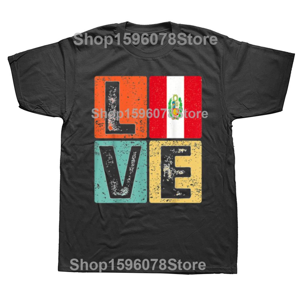 Funny Vintage Retro I Love Peru Flag For Peruvian Pride Gift Tshirts Men Fashion Casual 100 Cotton Loose Oversized T Shirt