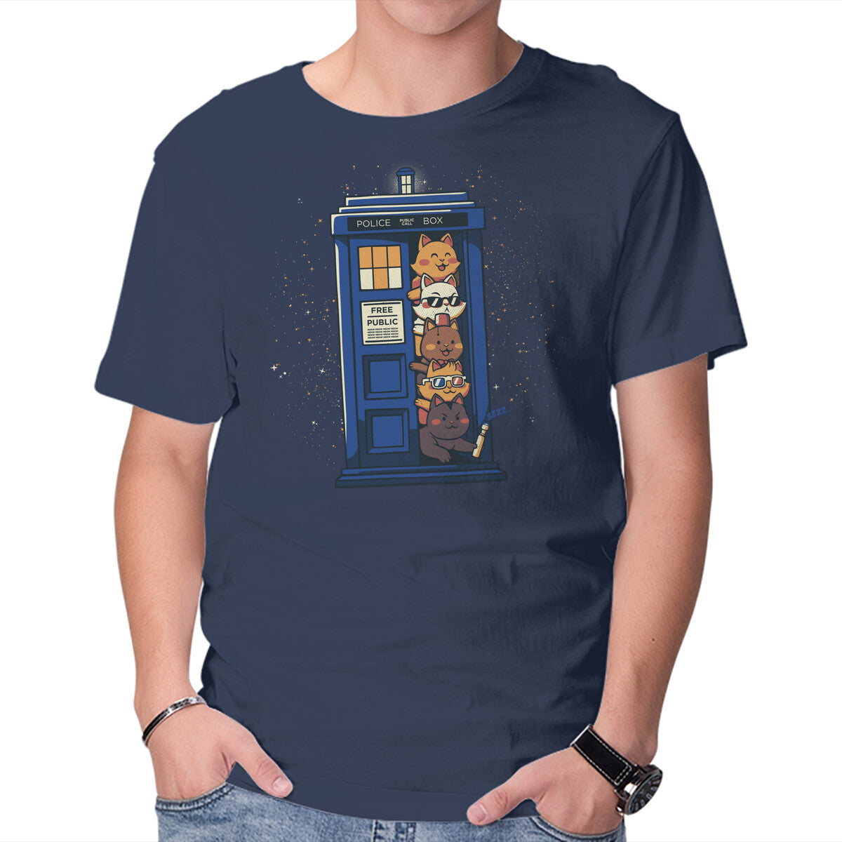 Unisex Crew Neck T-Shirt Tardis Cats Graphic Short Sleeve Casual Tee S