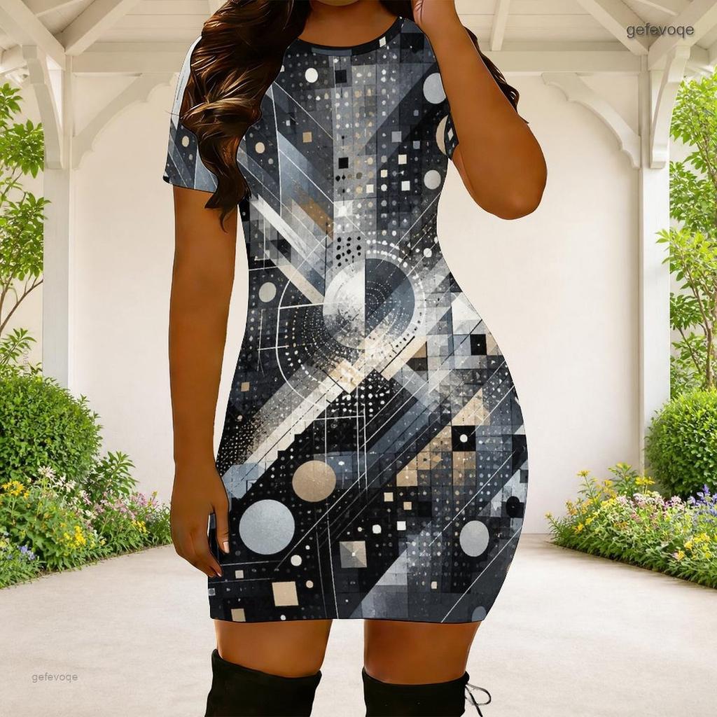 Women Plus Size Round Neck Short Sleeve Black Grey Abstract Printed Fitted Mini Dress