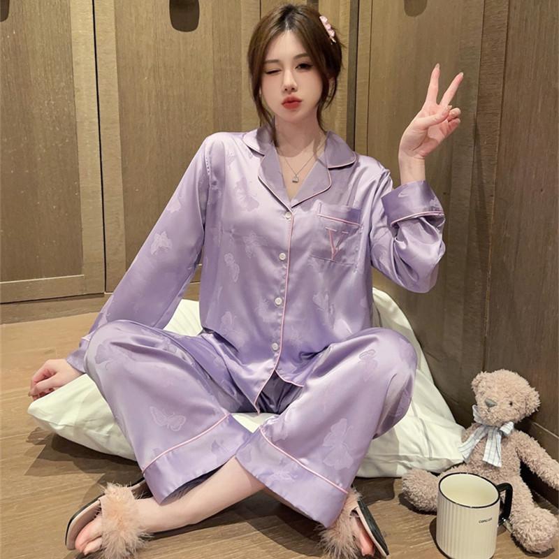 Ice Silk High-end Butterfly Pajamas Summer New Girlfriends Clothing Loungewear Long-sleeved Trousers Set Can Be Worn Outside Spring and Autumn
