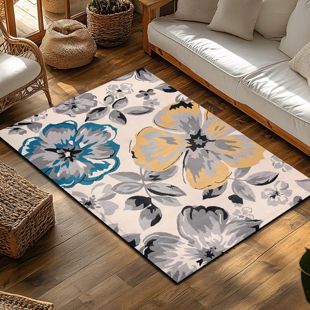 Cream Floral Bohemian Rug, Multicolor Pattern Non-Slip Carpet, Cozy Living Room Mat for Vintage Home Decor