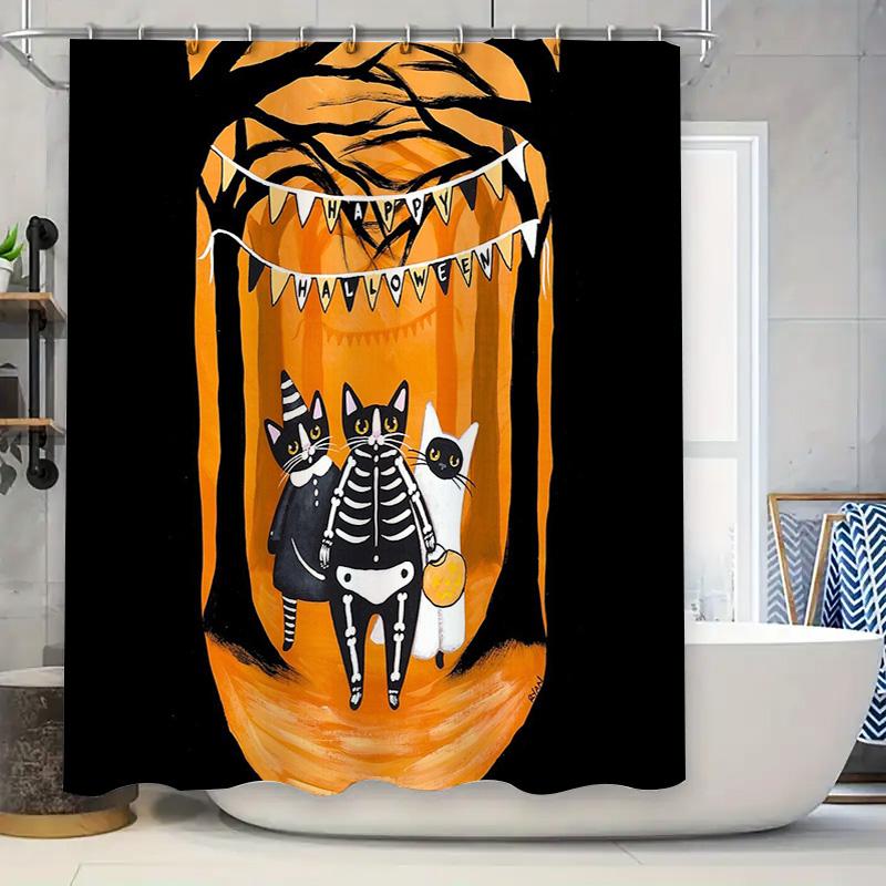 

Spooky Halloween Cat Pumpkin Bat Shower Curtain Gothic Horror Home Decor Set W60H190(CM)-1 Pcs