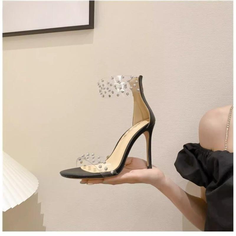 Fashion Summer New Rivet One Strap High Heels Women Open Toe Sexy Pearl Sheer Strap Non-slip Versatile Stiletto Sandals