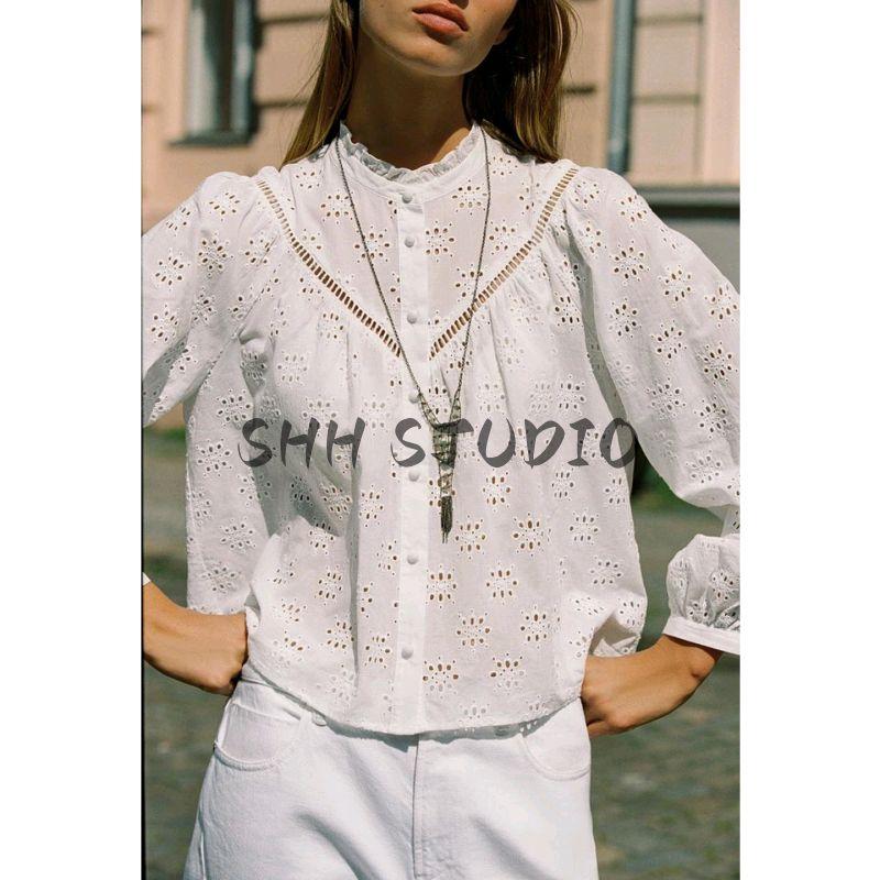 Autumn New Women's Clothing Laminated Decoration Cotton round Neck Cut Out Embroider Long Sleeve Shirt Top 8741230