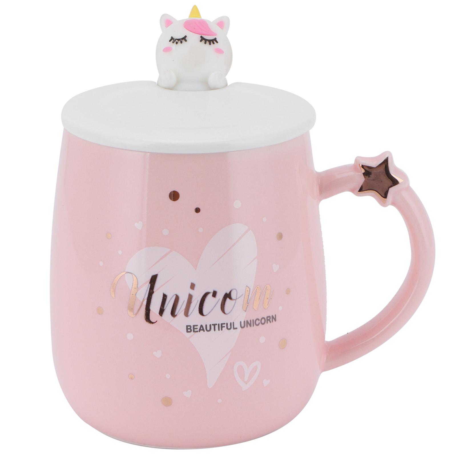 

Ceramic Mug Cartoon Pattern Water Coffee Cup with Lid Spoon for Home Office Use PinkB