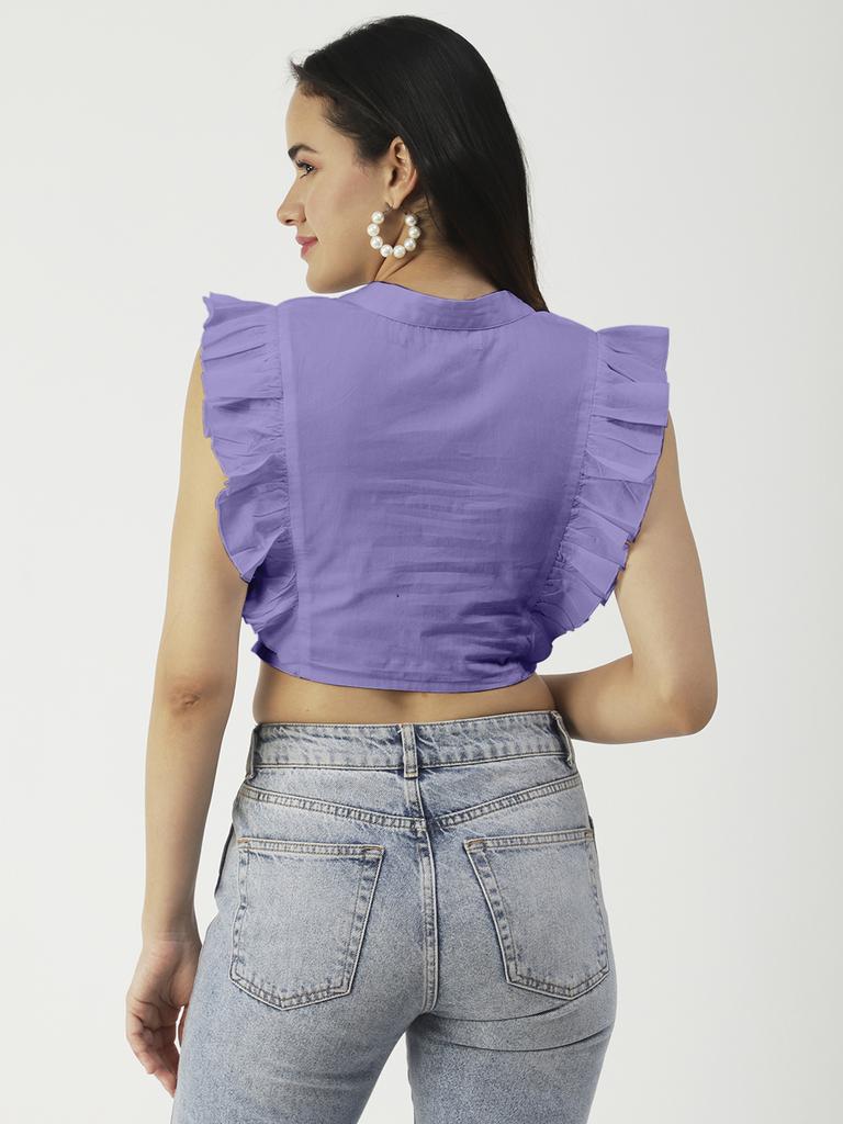 Moomaya Crop top din bumbac solid cu nasturi, topuri cu mâneci cu voloane de vară