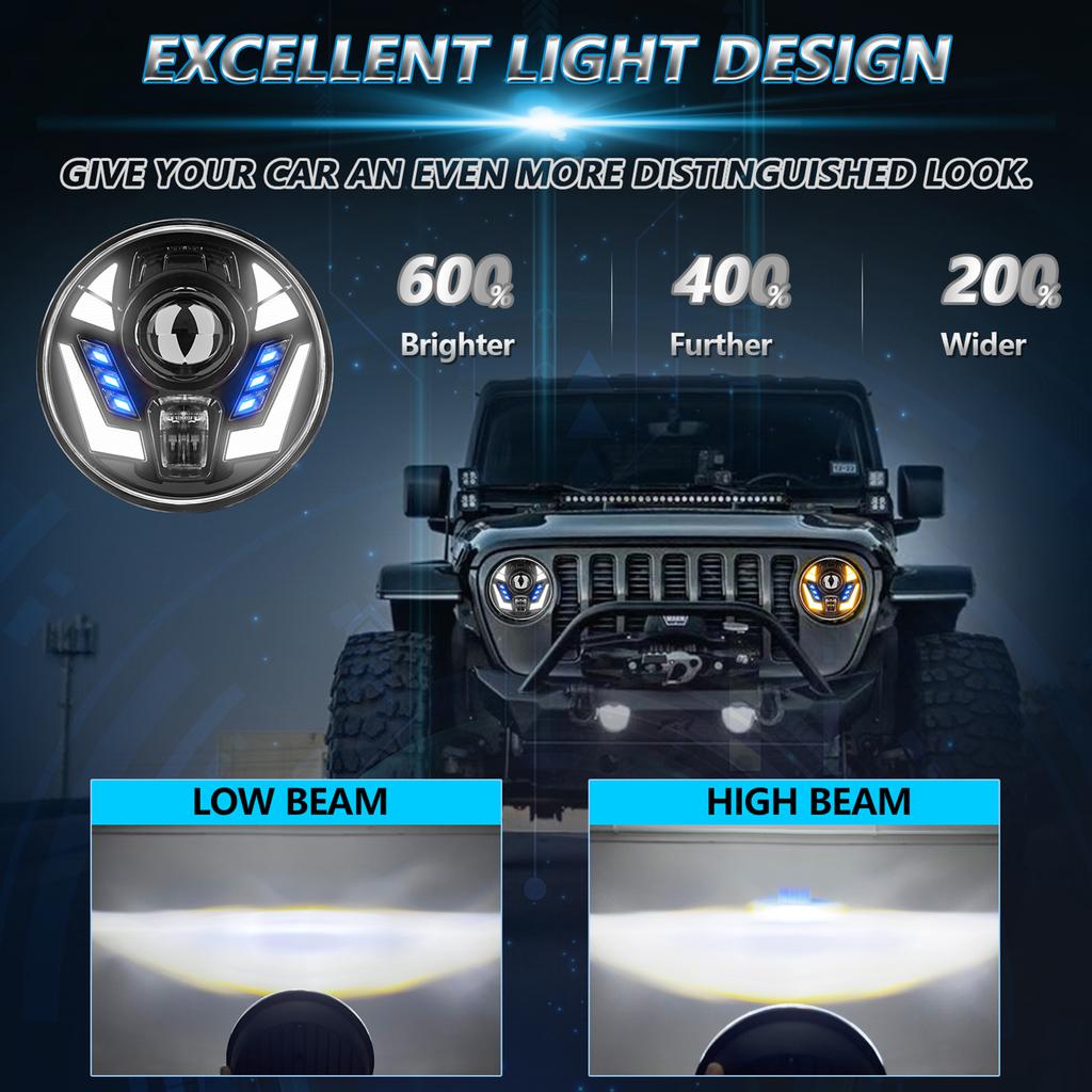 7-Zoll-LED-Scheinwerfer, wasserdichte runde Scheinwerfer mit Fern- und Abblendlicht, DRL-Blinkerersatz