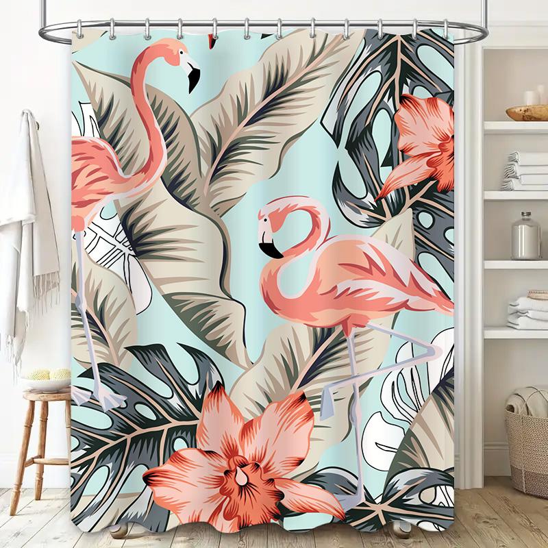 Vibrant Pink Flamingo Shower Curtain with Tropical Leaves Decorate Your Bathroom in Style