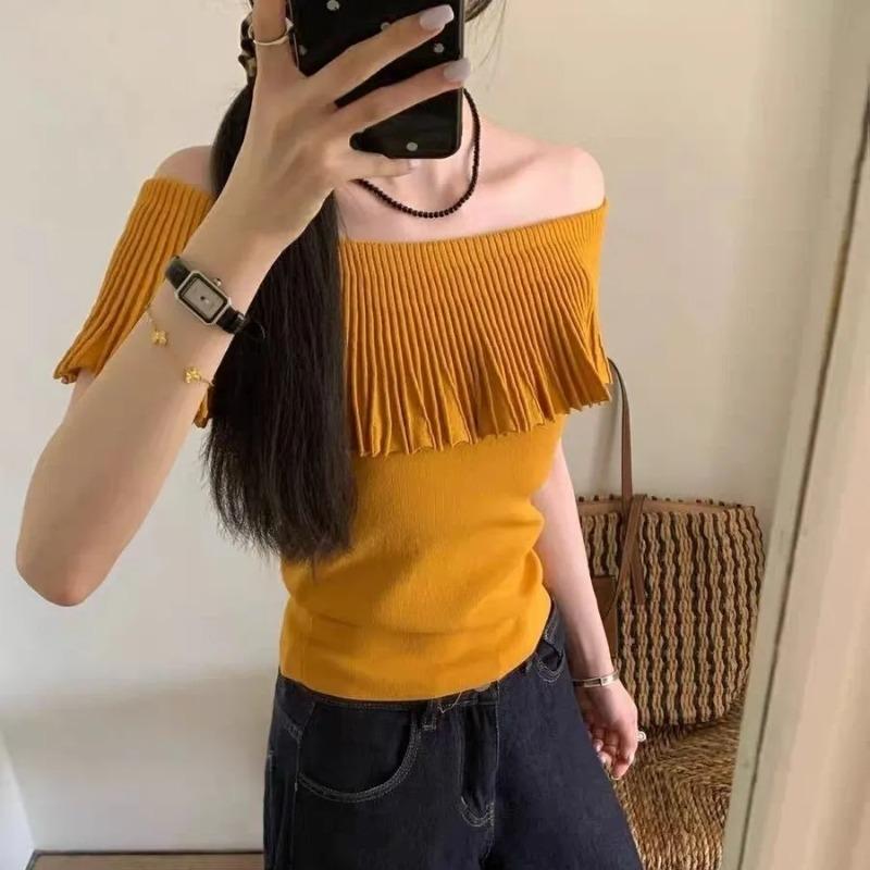 

Женский милый горчичный укороченный топ с открытыми плечами, оборками и короткими рукавами S жёлтый