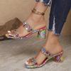 Large Size Square Toe Color-blocking Mid-heel Sandals Women's 2025 Summer New Thick-heeled Rhinestone Slip-flops