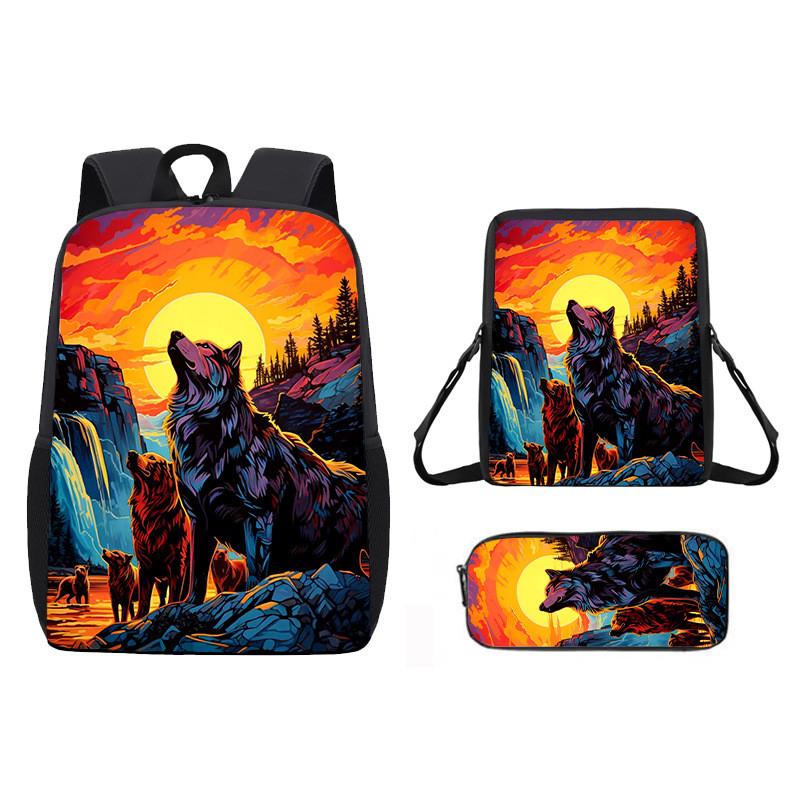 Pattern Animal Wolf Backpack Kids Shoulder Bag Pencil Case Student Use School