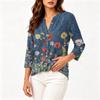 Women's Vintage Floral Print Henley Button Neck Three Quarter Sleeve Linen Cotton Blouse Casual Lightweight Shirt for Everyday Wear