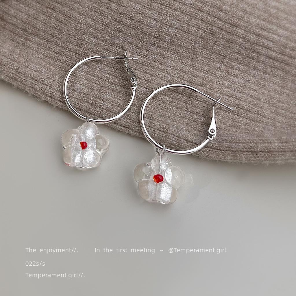 Glass glaze! Summer new 925 silver needle flower ear buckle, French earrings new earrings