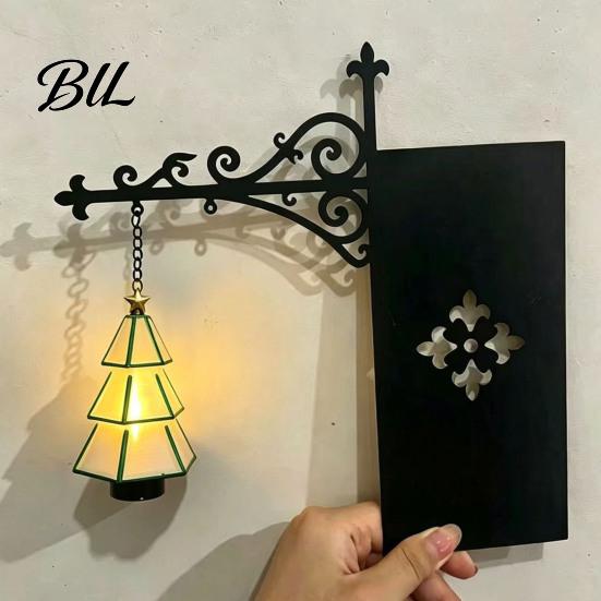 Warm Glow Night Light Christmas Tree Bookshelf Lantern, Vintage Iron Wall Hanging Decor, LED Battery Operated Bookend Ornament, Rustic Art for