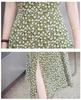 Chic French Floral Print Knee-Length A-Line Dress for Women: Summer Tea Style with Waist-Cinch and Slit Detail