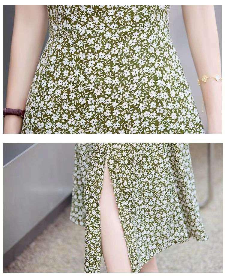 Chic French Floral Print Knee-Length A-Line Dress for Women: Summer Tea Style with Waist-Cinch and Slit Detail