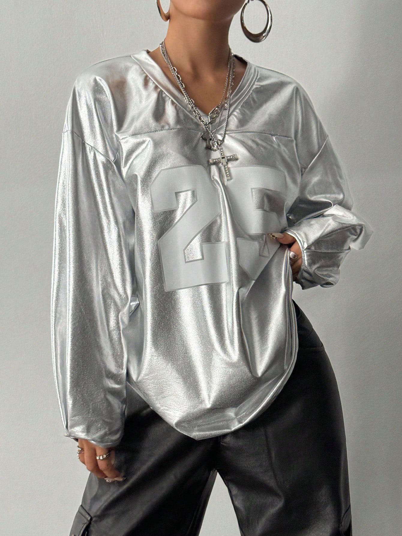 

Женский топ с V-образным вырезом, длинным рукавом и повседневным принтом букв - европейский и американский уличный стиль XL серебряный