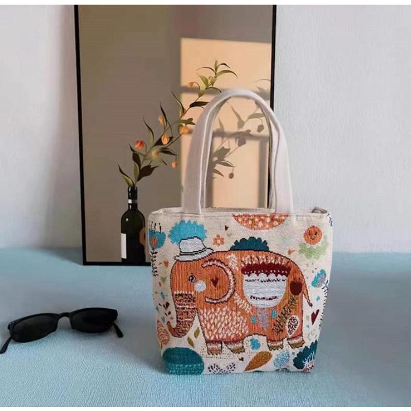 Small canvas bag double-sided embroidered tote bag elephant tote bag large capacity women's bag tote bag