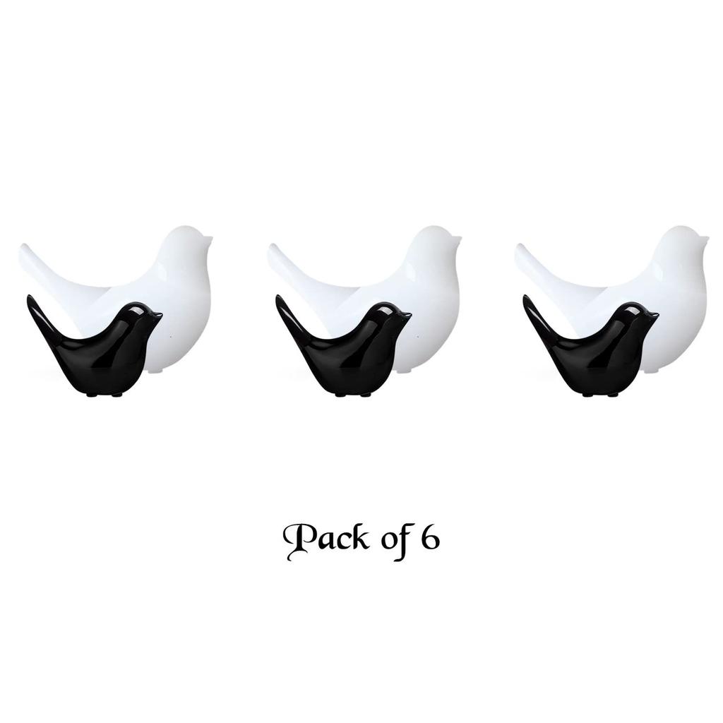 Creative White and Black Glossy Ceramic Birds Figurines Home Decorations Accessories Party (Pack of 6, Black & White)