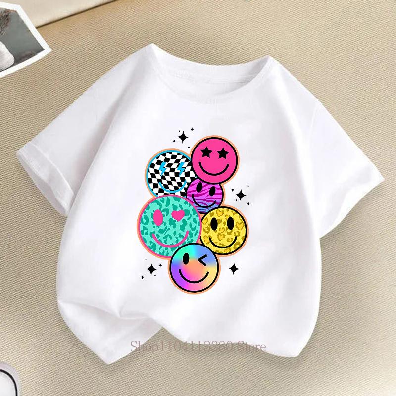 Cartoon Smile Print T-Shirt Summer Boys  and Girls  Fashion Casual Fun Cute Colorful Short Sleeve 100