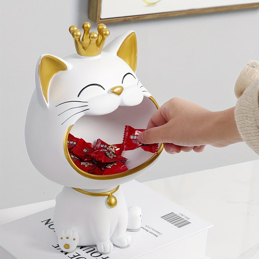 1ks Pryskyřičná soška smějící se kočky se čtyřlístkem, s široce otevřenou tlamou, dekorativní úložný box na klíče, roztomilý stolní organizér, kreativní kočičí figurka pro domácí dekoraci