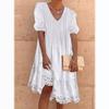 Women's White V-Neck Short Sleeve Bubble Sleeve Striped Dress with Lace Hem
