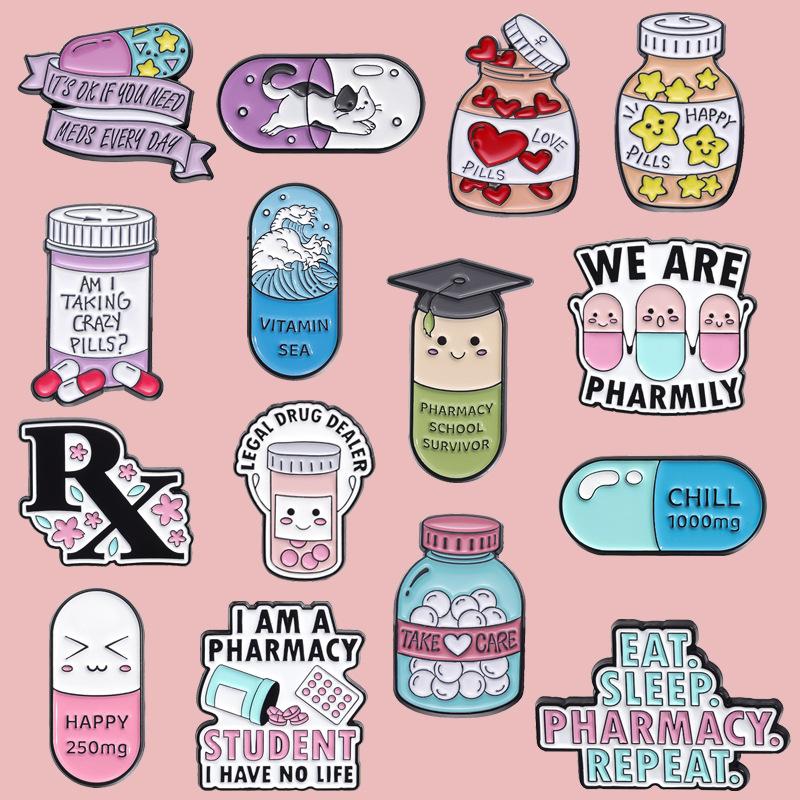Creative Cartoon Pill Series Metal Brooch Set Whimsical Alphabet Pin Collection For Fashionable Accessory Lovers