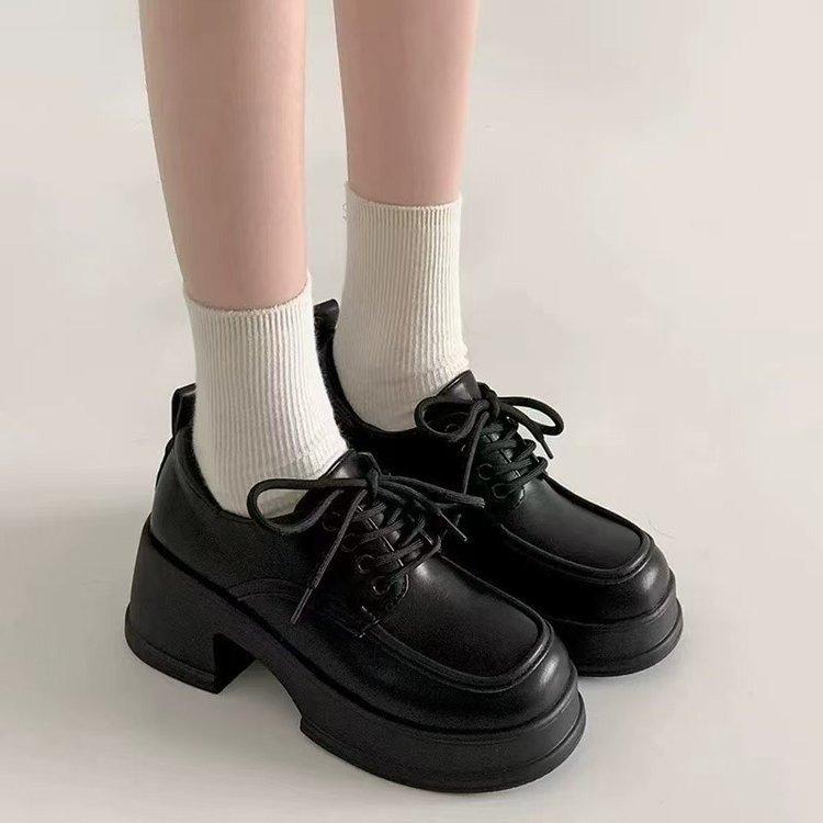 Schwarz Dicksohlige Kleine Lederschuhe Herbst Erhöht Dicke Ferse Mary Jane Schuhe Muffin Runder Kopf Hoher Absatz