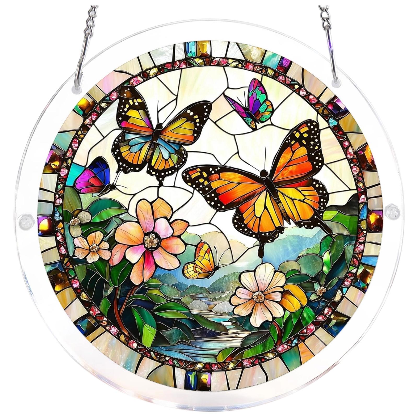 Acrylic Suncatcher Hanging Ornament with Hummingbird and Floral Pattern Round Shape Window Decoration for Home Garden Gift One Size