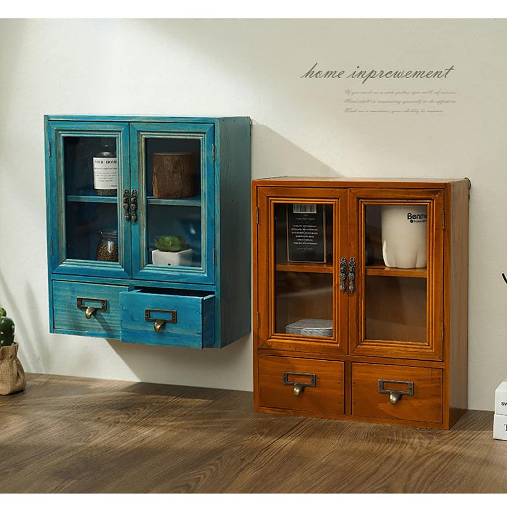 Antique-style Wooden Desk Shelf with Drawers, Desktop Storage Case, Office Desk Storage, Retro Double-Door Storage Box, Wall-Mountable Home Cabinet,