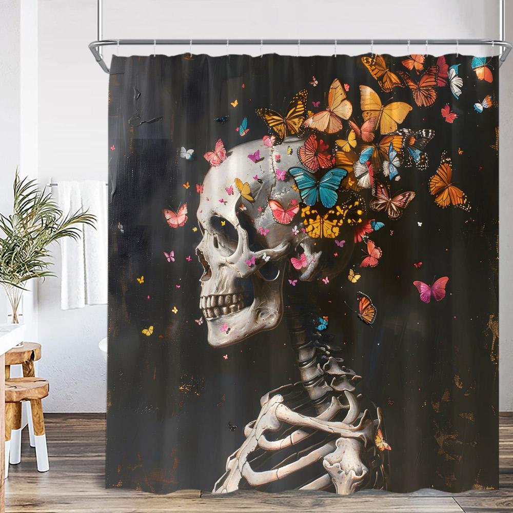 Funny Skeleton Shower Curtain Skull Happy Halloween Vintage Bathoom Decor Scary Retro Polyester Bath Curtain with Hook