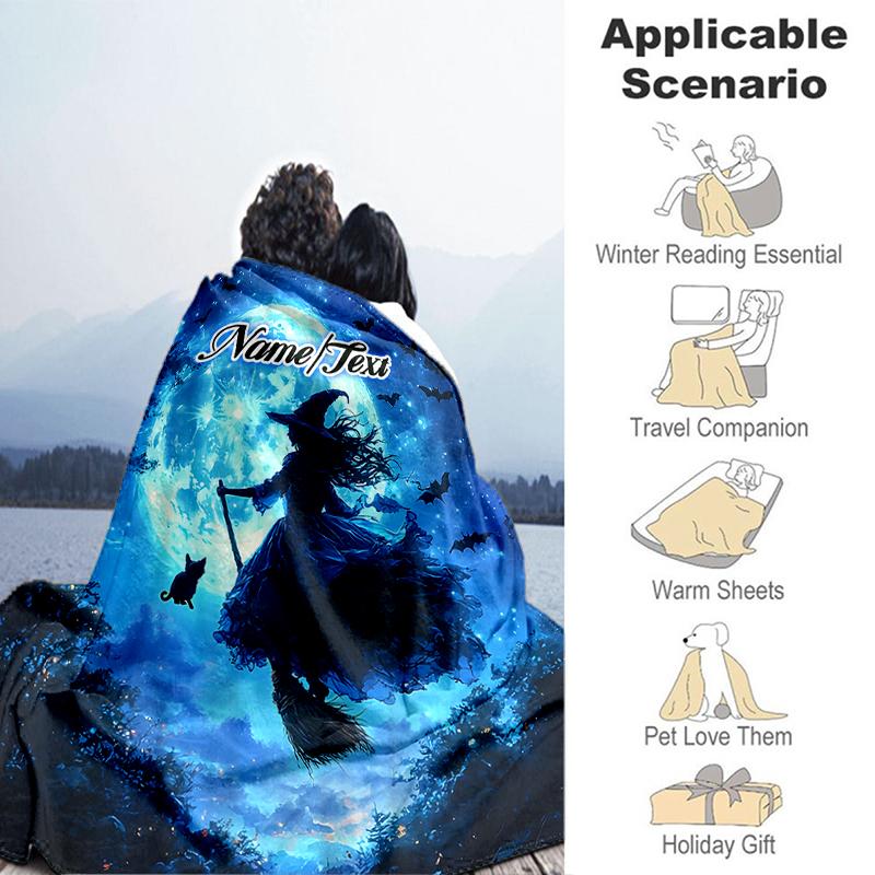 1PC Custom Name Moonlit Witch's Flight Outdooor Flannel Blankets Throw Blanket All-Season Throw Gift Bedspread for Couch, Bed, Camping Holiday Birthda
