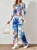 Floral pattern printed women's V-neck long-sleeved trousers set Comfortable casual versatile slim two-piece set