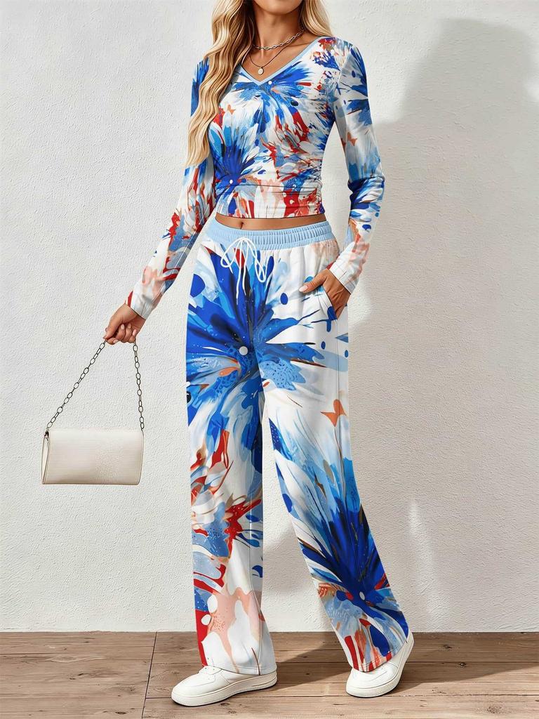 Floral pattern printed women's V-neck long-sleeved trousers set Comfortable casual versatile slim two-piece set