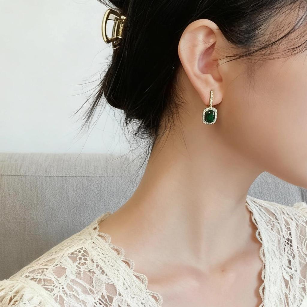 Miki 2025 Emerald Women's Fashion Earrings: Versatile, Trendy, Simple French Retro Dangle & Stud Design.