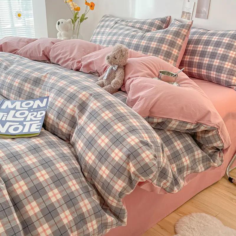 INS Plaid Bedding Set Pink Green Bed Linens Nordic Duvet Cover Pillowcase Queen Size Flat Sheet Adults Kids Bedclothes