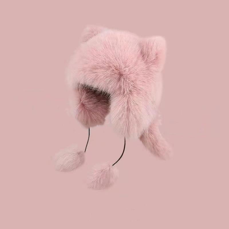 Thickened Winter Hats For Women Keep Warm Windproof Furry Trapper Hat With Cute Tail Ear Protectors Bomber Hat Winter