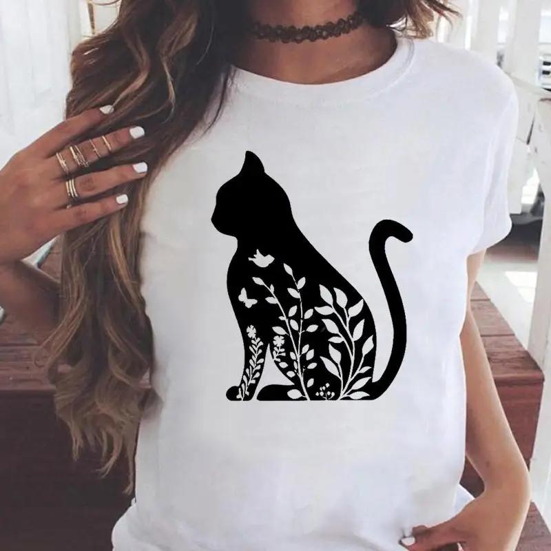 Fashion Women Cartoon Cat Love Pet Lovely Style Shirt Print T-shirts Stylish Short Sleeve Graphic T Top Female Tee T-Shirt